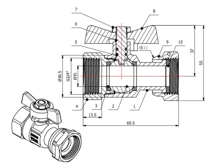 Кран шаровый с накидной гайкой 3/4" вн.-вн. PN40, AV Engineering