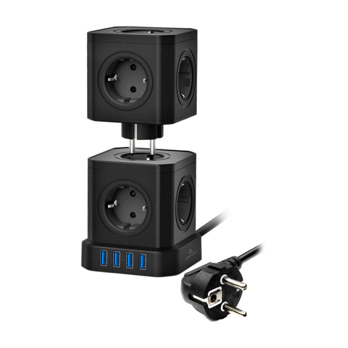 Сетевой фильтр + зарядка  Cablexpert Tower TWR-9-U4-B-2, 2m,9розеток, 16A, 4xUSB 3.1А, switch, Black