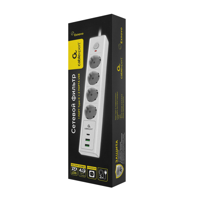 Сетевой фильтр + зарядка Cablexpert Exnovo EXN-4-CU2-W-2,2m, 4розетки,16A,1xType-C 30Вт/2хUSB,whitet