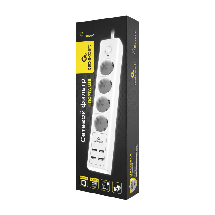Сетевой фильтр + зарядка Cablexpert Exnovo EXN-4-U4-W-2, 2m, 4розетки,16A, 4хUSB, 3.4А, white
