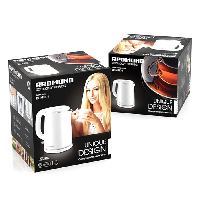 Чайник электрический, Redmond, RK-M1571, 1000 Вт, Объем 1 л, Двойные стенки, Тип стали 304, Контактная группа STRIX, Белый