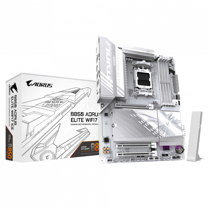 Сист.плата Gigabyte B850 A ELITE WF7 ICE, B850, 4xDDR5, PCI-E5 x16, 3xM.2, SATA6, HDMI, DPx2, Wi-Fi7, LAN2.5GbE, BOX