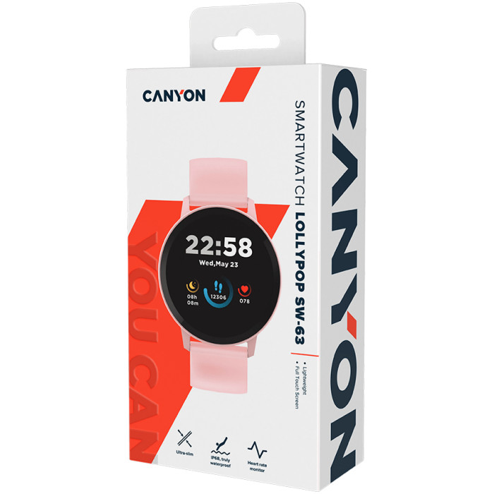 CANYON Lollypop SW-63, Smart watch, 1.3inches IPS full touch screen, Round watch, IP68 waterproof, multi-sport mode, BT5.0, compatibility with iOS and android, Pink, Host: 25.2*42.5*10.7mm, Strap: 20*250mm, 45g