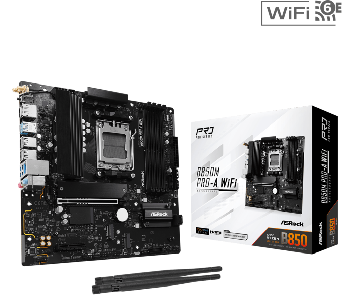 Материнская плата ASRock B850M PRO-A WIFI AM5 4xDDR5 4xSATA 3xM.2 15xUSB 1xHDMI 1xDP WiFi6E mATX