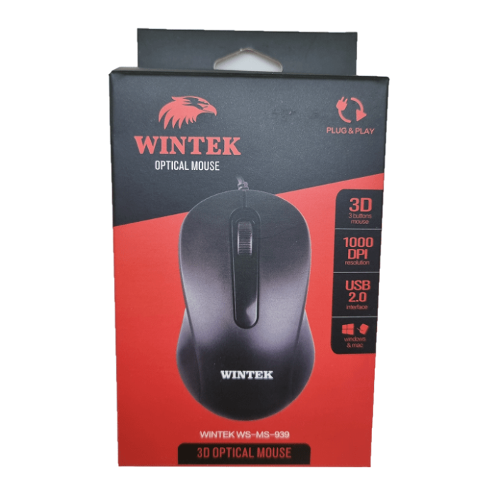 Мышь Wintek WS-MS-939, USB, 1000 dpi, 1.5 м, чёрная