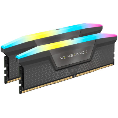 CORSAIR DDR5, 6000MT/s 64GB 2x32GB DIMM, 40-40-40-77, Std PMIC, AMD EXPO, VENGEANCE RGB DDR5 Cool Grey Heatspreader, RGB LED, 1.35V