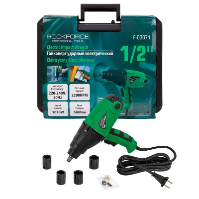 Гайковерт ударный электрический 1/2&#039;&#039;(230V, 1020W, 600Нм) с комплектом головок (17, 19, 21, 23мм) 50166 RF-F-03071