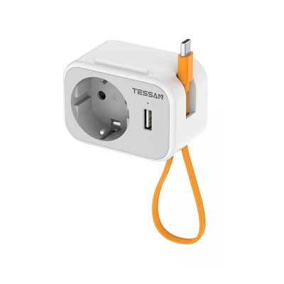 Сетевой фильтр + зарядка Tessan TS-332, 1 розетка, 16A, Type-C (cable) + USB-A 15W max, grey