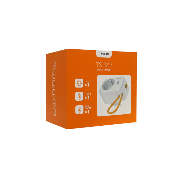 Сетевой фильтр + зарядка Tessan TS-332, 1 розетка, 16A, Type-C (cable) + USB-A 15W max, grey