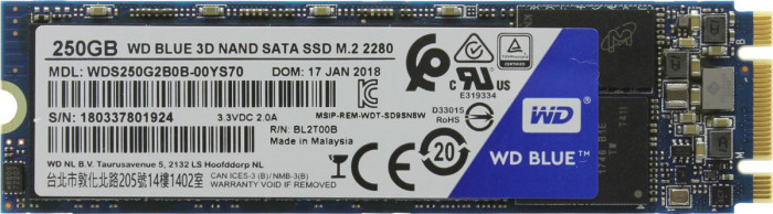Твердотельный накопитель  250GB SSD WD BLUE 3D NAND M.2 2280 SATA3 R550Mb/s W525MB/s WDS250G2B0B