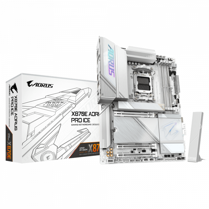 Сист.плата Gigabyte X870E AORUS PRO ICE, AM5, 4xDDR5, PCI-E5 x16, 3xM.2, SATA6, HDMI, DPx3, Wi-Fi6E, LAN2.5GbE, BOX