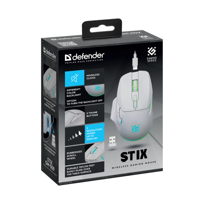 Mouse Defender Stix GM-009, Wireless, Optical 3200 dpi, 6 buttons USB, White,(52009)