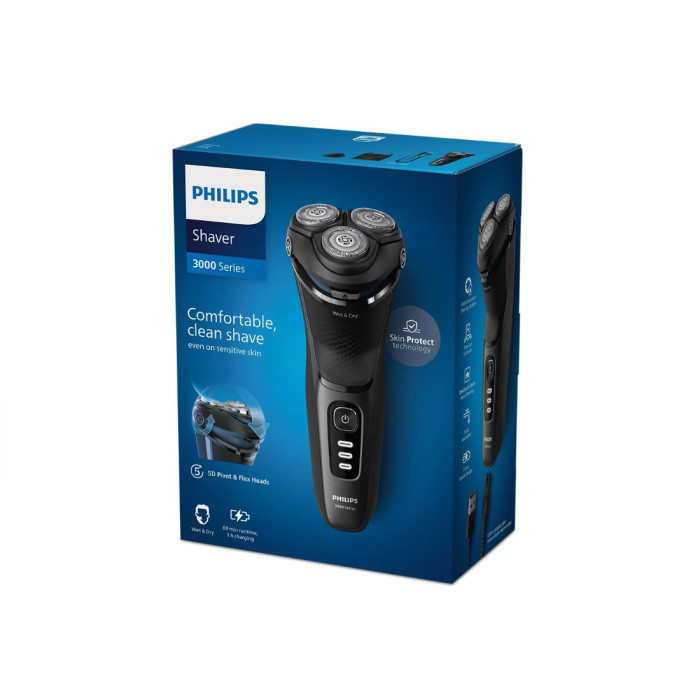 Электробритва, Philips, Серии 3000 S3244/12, Для влажного и сухого бритья, Питание от аккумулятора, Мощность 9 Вт, Время зарядки аккумулятора 1 ч, Тип аккумулятора Li-ion, Триммер откидной, Индикатор уровня зарядки , Цвет черный
