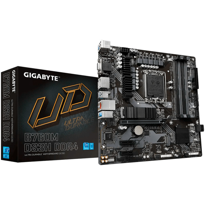 GIGABYTE Mainboard Desktop B760M DS3H DDR4 (LGA1700, 4x DDR4, 1xD-Sub, 1xHDMI, 2xDP, 2.5GLAN, 1x PCI Express x16 4.0, 2x PCI Express x1 3.0, 2xM.2, 4xSATA3, 1x USB Type-C, 5x USB 3.2 Gen1, 6x USB 2.0/1.1) mATX