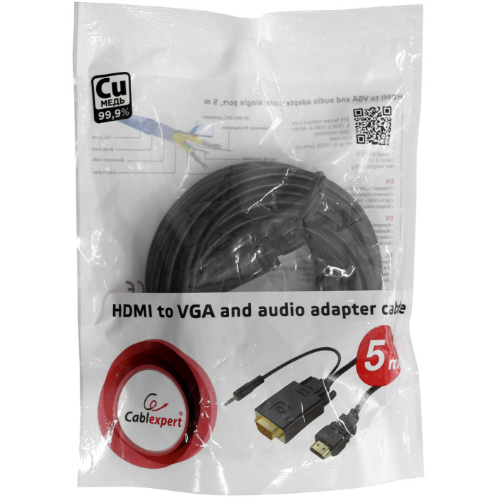 Converter, HDMI m -> D-Sub (VGA) m + audio, Cablexpert A-HDMI-VGA-03-5M, 5 м, black