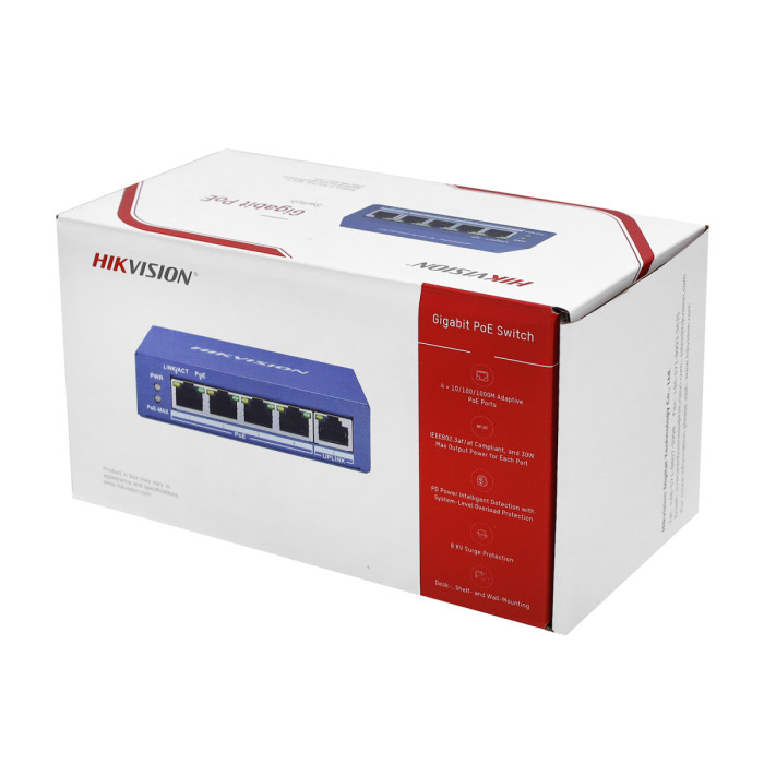 Switch  4 port 10/100M Hikvision DS-3E0505P-E, 4xGE PoE, 1xGE Uplink, PoE 35W, desktop