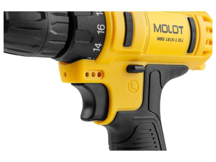 Аккум. дрель-шуруповерт MOLOT MBD 1815-1 DLi в чем. 18В, 2 акк., 1.5 А/ч Li-Ion, 2 скор., 30 Нм