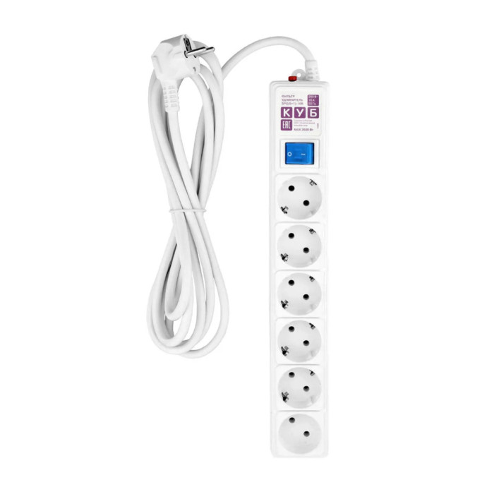 Сетевой фильтр Power Cube, 3м, SPG(5+1)-16B-3M, 6 розеток, 16A/3.5кВт, Белый