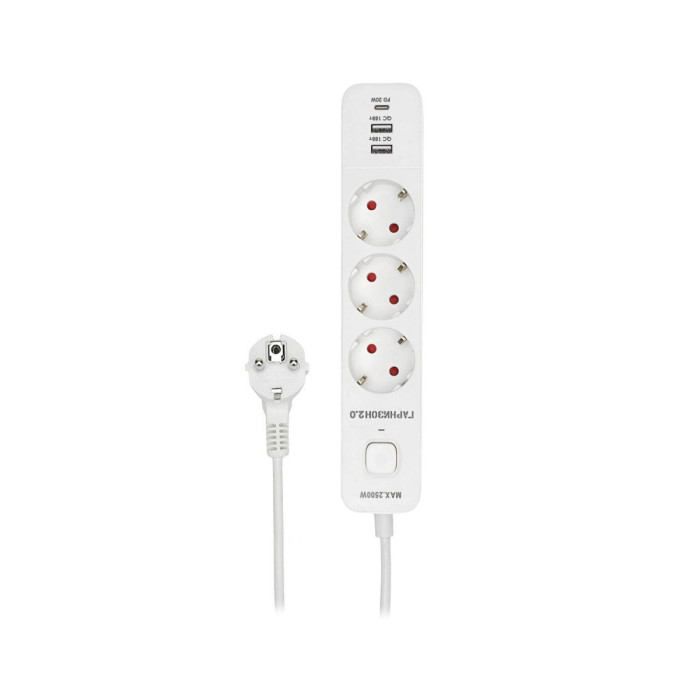 Сетевой фильтр Гарнизон, 2м, EPS-3-CU2-W-2, 3розетки, 2xUSB/1xType-C, 10A, White