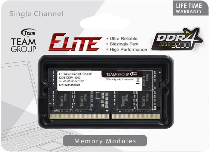 Оперативная память для ноутбука 32GB DDR4 3200Mhz Team Group ELITE SO-DIMM TED432G3200C22-S01