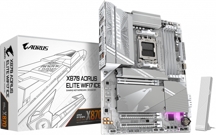 Сист.плата Gigabyte X870E A ELITE WF7 ICE 1.2, X870E, AM5, 4xDDR5, 3xPCI-E x16, 4xM2, SATA, USB4, HDMI, White, BOX