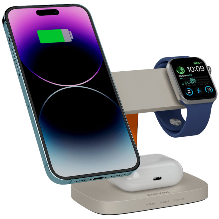 CANYON Wireless Charging Station Hexagon 310 3in1 LightGrey/Orange