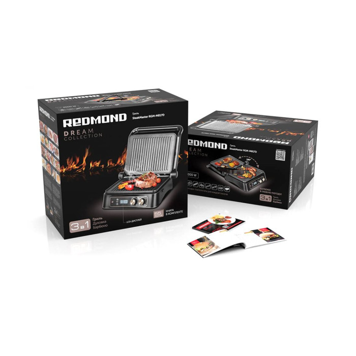 Гриль, Redmond, SteakMaster RGM-M817D, Мощность 2000 Вт, ЖК дисплей, Съемные панели, Диапазон температур 90-230°С, Угол открытия крышки 180°, Черный/сталь