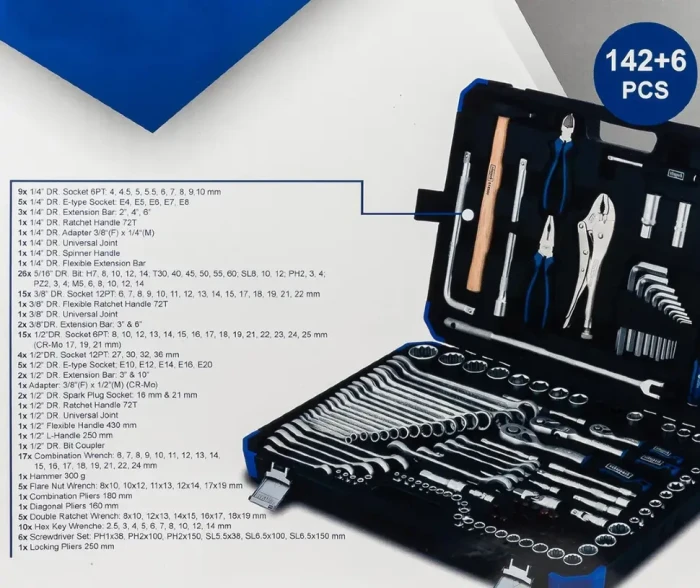 Набор инструментов 142+6 пр.1/4" 3/8" 1/2" (6-гр.)(4-32мм) 62152 Sch-41421-5 GOLD