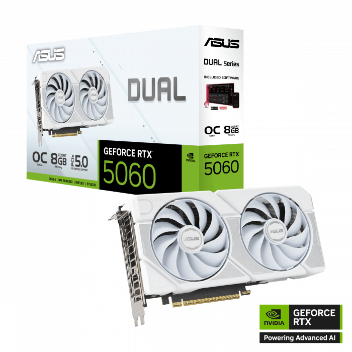 Видеокарта ASUS DUAL-RTX5060-O8G-WHITE, 8Gb GDDR7, 128 bit, OVERCLOCK, 3840 CUDA, HDMI, DP, BOX