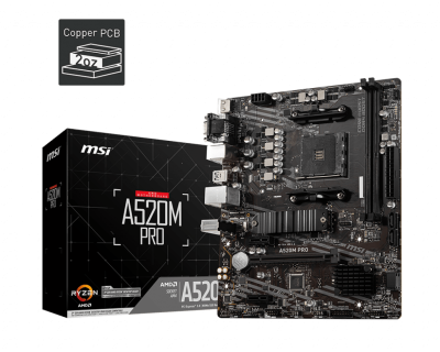 Материнская плата MSI A520M PRO AM4 2xDDR4 4xSATA3 RAID M.2 VGA HDMI DP ARGB header mATX