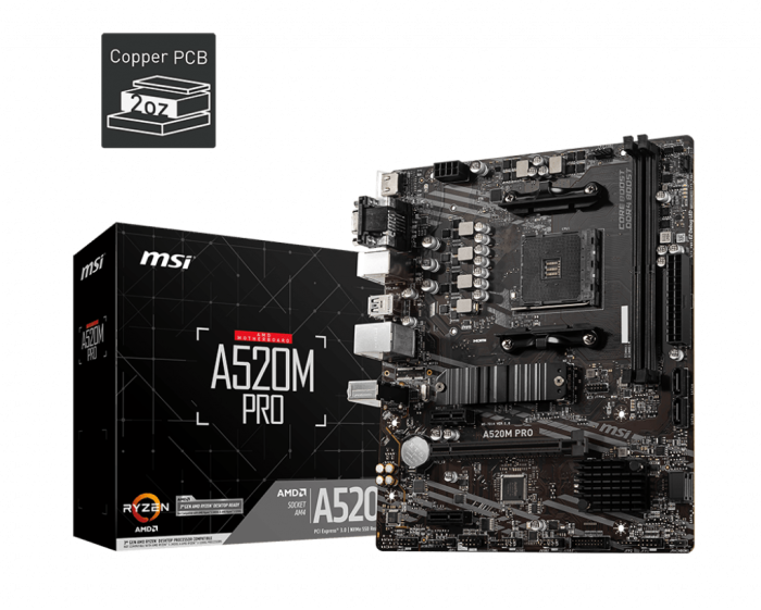 Материнская плата MSI A520M PRO AM4 2xDDR4 4xSATA3 RAID M.2 VGA HDMI DP ARGB header mATX