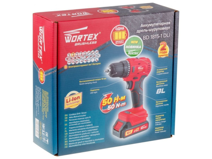 Аккум. дрель-шуруповерт WORTEX BD 1815-1 DLi в чем. ALL1 БЕСЩЕТ, 18 В, 50 Н*м, 1х1.5 А*ч, БЗП 10 мм