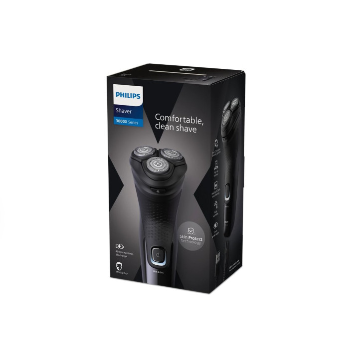 Электробритва, Philips, Серии 3000X X3001/00, Для влажного и сухого бритья, Роторная, 4D Гибкие головки, 40 минут беспроводного бритья, 1 час зарядки, Выдвижной триммер, Цвет черный