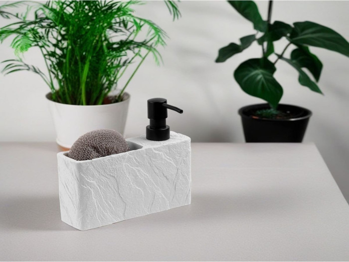 Диспенсер (дозатор) для моющего средства с подставкой для губки PEARL, белый, PERFECTO LINEA