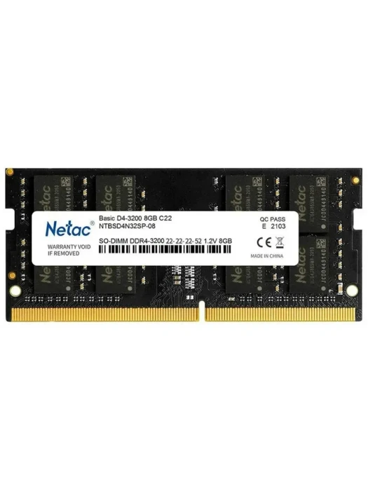 Модуль памяти для ноутбука Netac Basic, NTBSD4N32SP-08, DDR4 SO-DIMM, 8Gb, 3200Mhz, C22