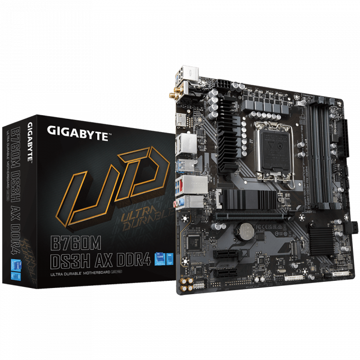 Сист.плата Gigabyte B760M DS3H AX 1.2, B760, 1700, 2xDDR4, PCI-Ex16, 2xPCI-Ex1, 2xM.2, 4xSATA, 2xDP, HDMI, BOX