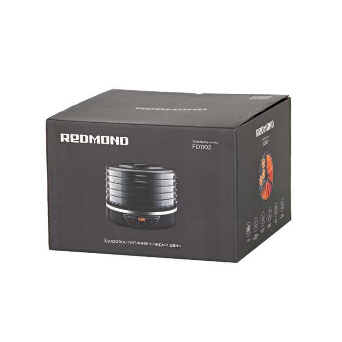 Сушилка для овощей и фруктов, Redmond, FD1102, Конвективная, 500W, Пластик, 5 съемных поддонов, Таймер, Установка времени, Приготовление пастилы, Черный