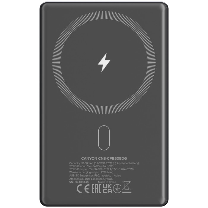 CANYON power bank OnPower 505 slim Magnetic 5000 mAh PD20W Dark Grey